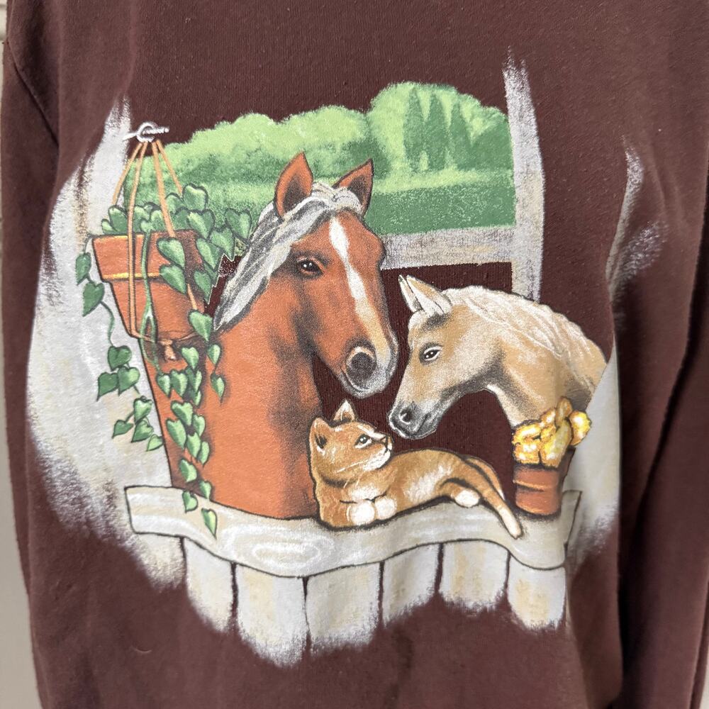Vintage Blair Equestrian Horse Cat Graphic Sweatshirt Brown Sz S Grannycore - Picture 2 of 5
